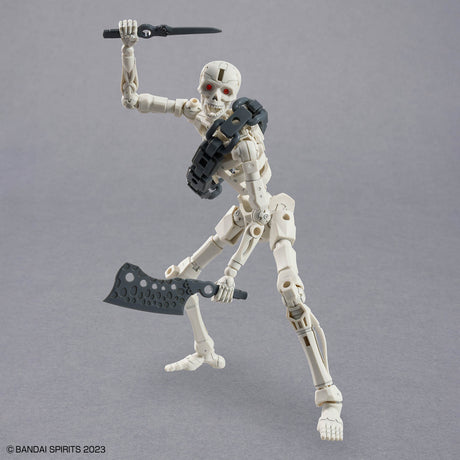 Mechanical skeleton figure with weapons on a gray background