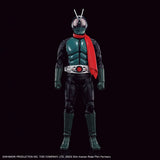 A full-body collectible figure of a Kamen Rider character in a dark green and black suit with a bright red scarf, standing against a solid black background. The figure has a silver chest plate with a red emblem, a silver belt, and antenna on the helmet.