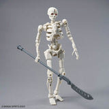 A white articulated skeleton action figure holding a gray scythe, standing on a neutral gray studio background. The copyright text 'BANDAI SPIRITS 2023' is visible in the bottom-left corner.