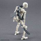 Mechanical skeleton figure with weapons on a gray background