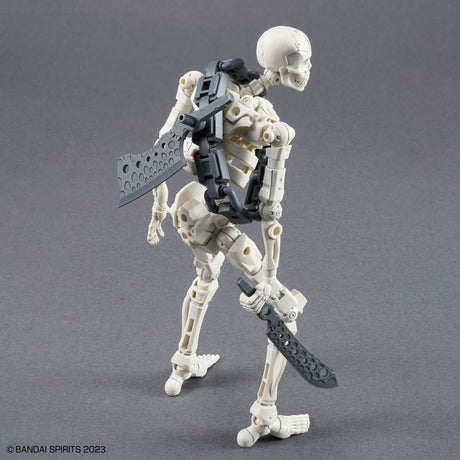 Mechanical skeleton figure with weapons on a gray background