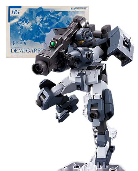 A 1/144 scale model of Demi Garrison from Mobile Suit Gundam Mercury Witch, featuring detailed markings, thrusters, and an array of weapons including beam rifles, a rocket bazooka, and beam sabers.