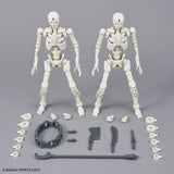 Two white action figure skeletons with attached parts on a gray background, featuring BANDAI SPIRITS branding.