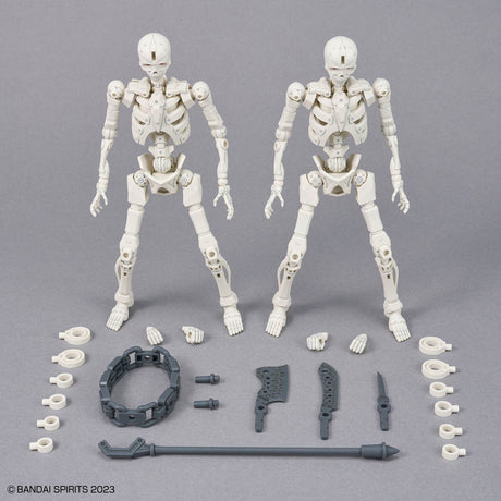 Two white action figure skeletons with attached parts on a gray background, featuring BANDAI SPIRITS branding.