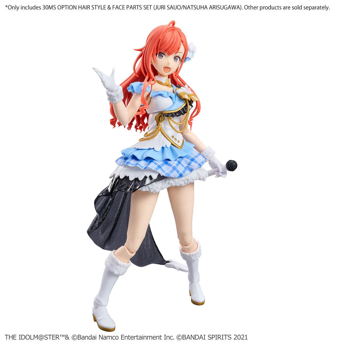 Action figure with red hair and a blue and white outfit on a white background