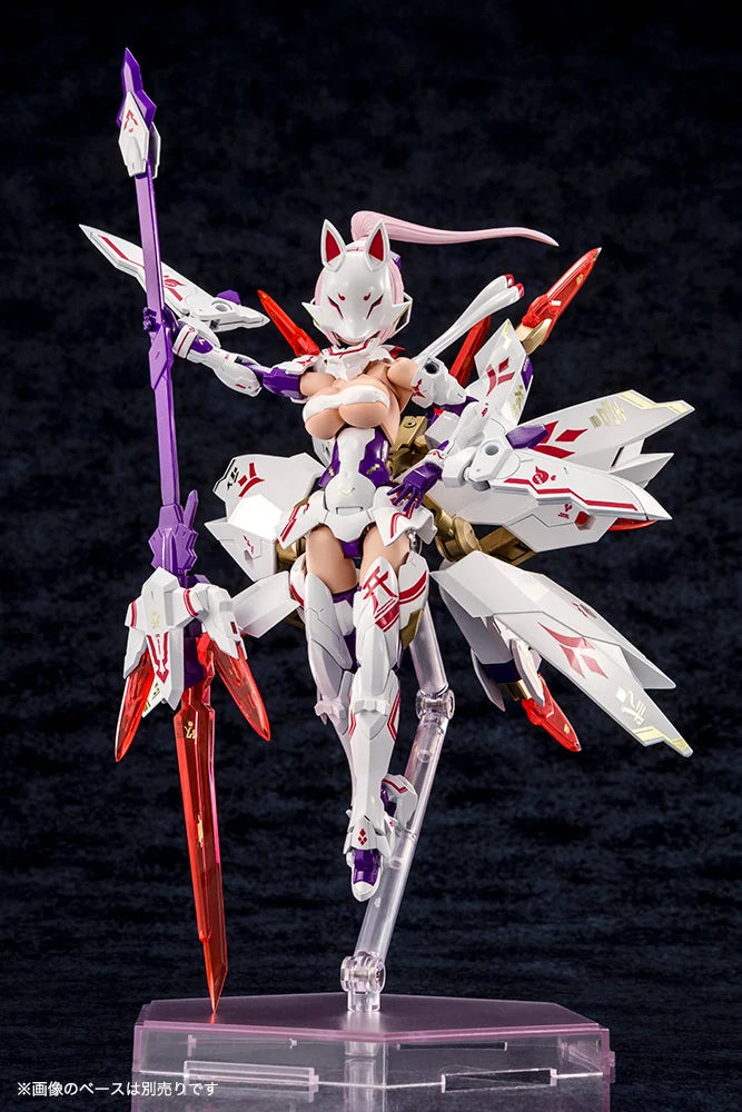 Action figure of a fox-like character with white, red, and purple armor on a black background