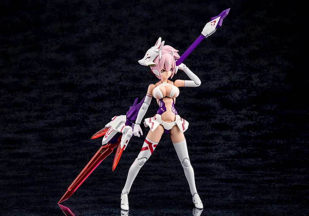 Anime character figurine with pink hair and a spear on a dark background