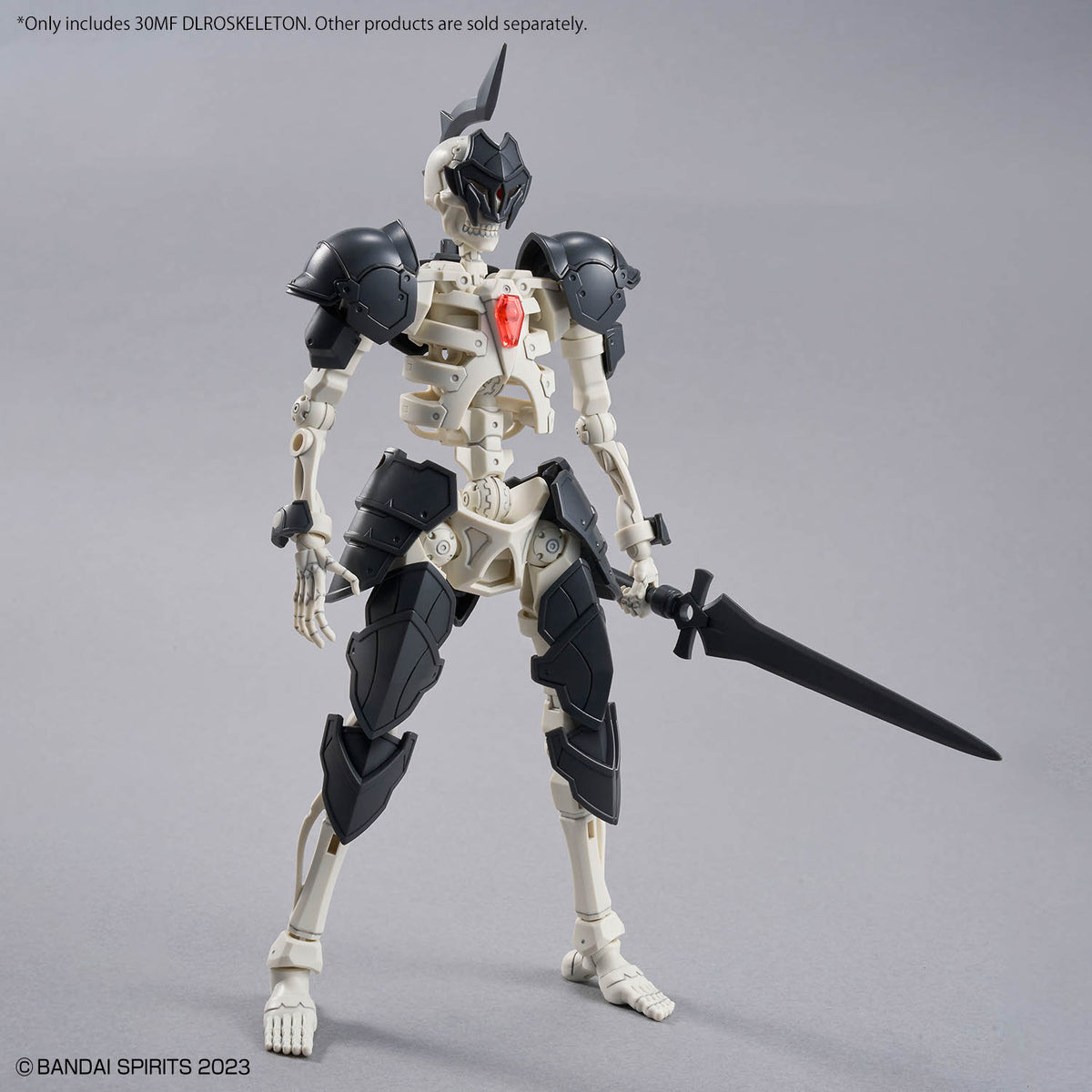 Mechanical figure with black and white design holding a sword on a gray background