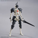 Mechanical figure with black and white design holding a sword on a gray background