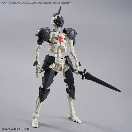 Mechanical figure with black and white design holding a sword on a gray background