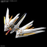 A white and gold sci-fi mecha model with black and blue accents, shown from a dynamic three-quarters angle against a solid black background. Japanese copyright text for Sunrise is visible in the corners.