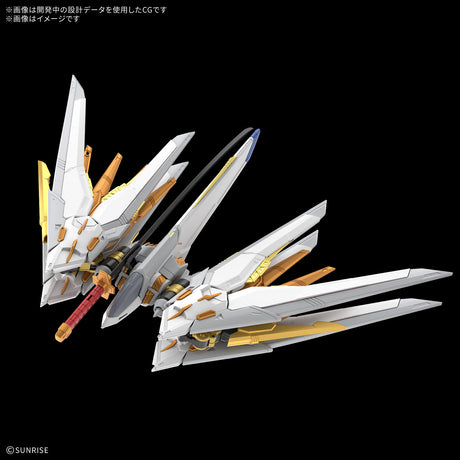 A white and gold sci-fi mecha model with black and blue accents, shown from a dynamic three-quarters angle against a solid black background. Japanese copyright text for Sunrise is visible in the corners.