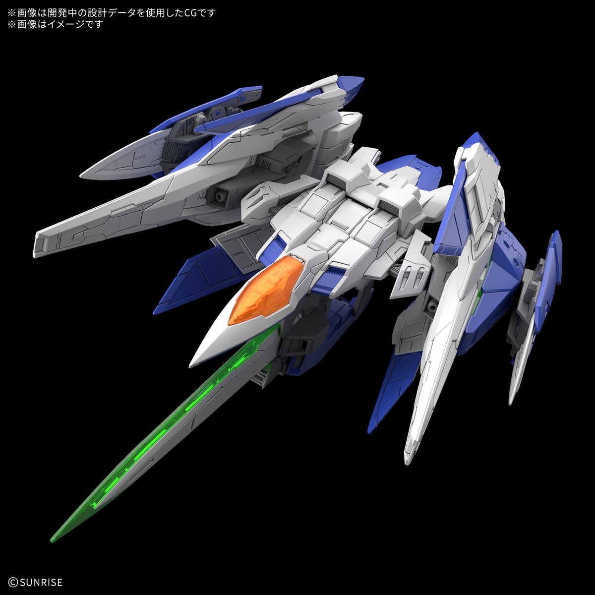 A detailed sci-fi model aircraft or spaceship shown in a clean studio-style render on a black background. The model is primarily white and blue with a bright orange nose section and a translucent green blade-like extension.