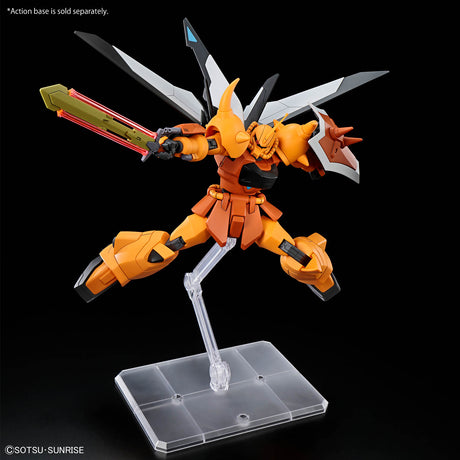 An orange and black mecha action figure posed mid-battle on a clear plastic display stand, holding a sword with a red and gold blade. The figure has large silver and black wing-like structures on its back.