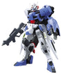 A plastic model kit of the Gundam Astaroth from the anime Mobile Suit Gundam: Iron-Blooded Orphans. The model is assembled and painted, featuring blue, silver, and red colors with weathering effects and equipped with a gun accessory.