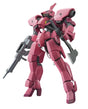 A plastic model kit of the Ryusei-go (Graze Custom II) from Mobile Suit Gundam: Iron-Blooded Orphans, featuring a predominantly red mecha with gray and black accents, equipped with a rifle and axe.