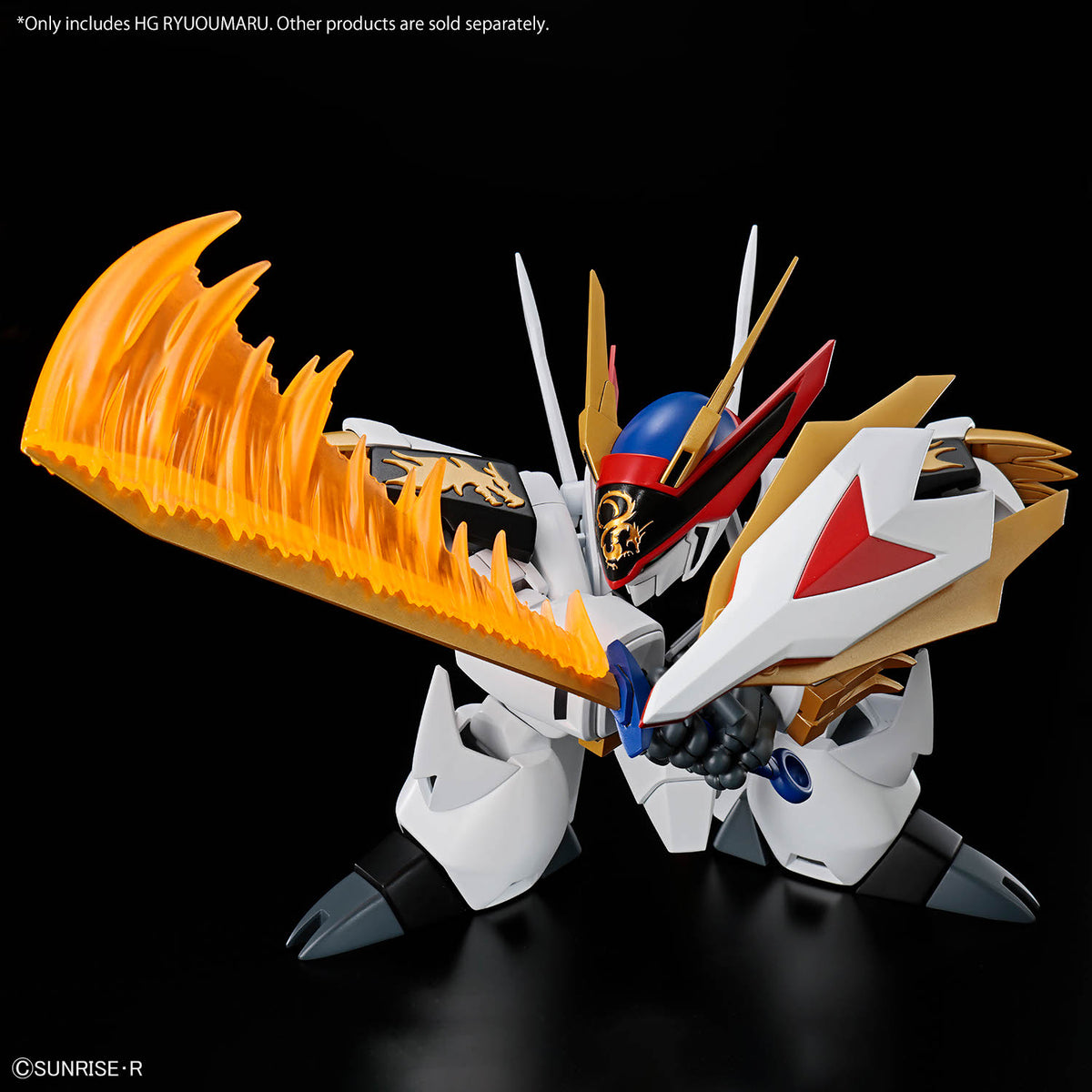 A highly detailed Gundam model figure posed dynamically with a large translucent orange flame accessory attached to its right arm, set against a solid black background.