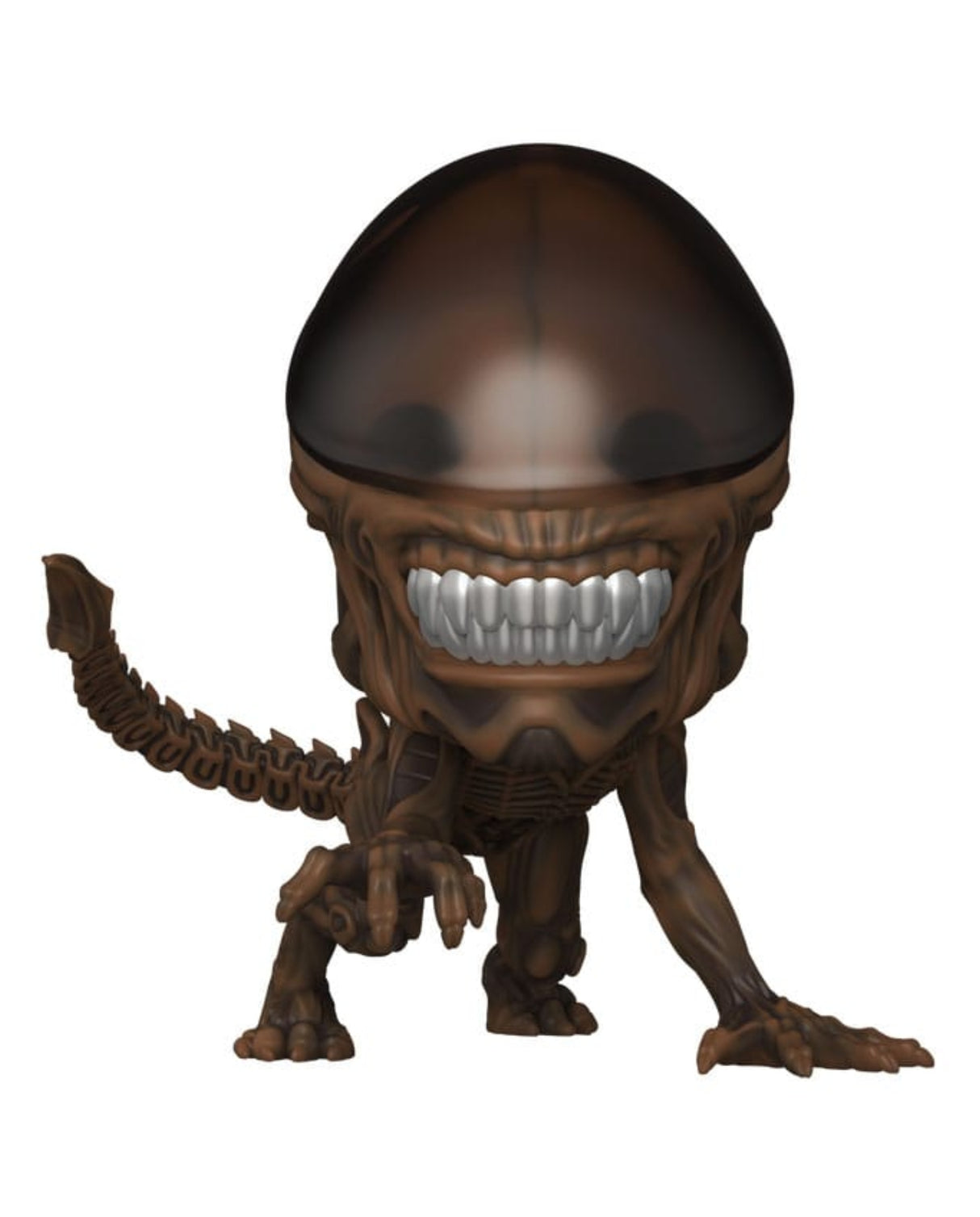 A stylized Alien Xenomorph collectible figure with a glossy dark brown dome head, textured brown body, and sharp white teeth, shown against a plain white background.