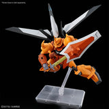 A collectible model of a Gundam-style mecha figure in orange and white armor, posed dynamically on a clear plastic display stand against a solid black background. The figure holds a large orange and white shield and a green sword.