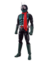 A full-body Kamen Rider action figure or collectible costume model shown against a plain white background. The suit is predominantly black and dark green with a bright red neck scarf and belt, plus silver helmet details and antennae.