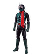 A full-body Kamen Rider action figure or collectible costume model shown against a plain white background. The suit is predominantly black and dark green with a bright red neck scarf and belt, plus silver helmet details and antennae.
