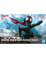 Bandai Namco Figure Factory Standard Masked Rider Shin Masked Rider model kit box art, featuring the character in a black bodysuit with a red cape against a blue-toned background.