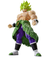 A Super Saiyan 3 action figure of Broly from Dragon Ball Z, featuring green spiky hair, a green leafy skirt, purple pants, and black and white boots, posed against a solid white background.