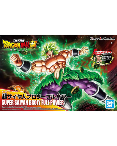 Bandai plastic model kit box for Dragon Ball Z Broly, featuring artwork of Broly with green hair and purple pants surrounded by green energy, with Japanese text and the Bandai logo.