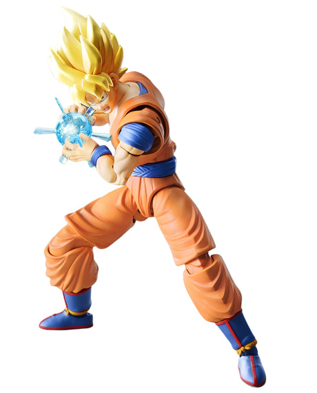 A Dragon Ball Z Super Saiyan Goku action figure in a dynamic fighting pose, holding a blue energy ball. The figure features spiky yellow hair, an orange gi with blue accents, and blue boots, isolated on a white background.