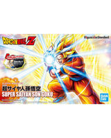 Dragon Ball Z Super Saiyan Son Goku plastic model kit box art by Bandai, featuring Goku in his orange and blue gi with yellow hair, surrounded by a bright energy blast effect.