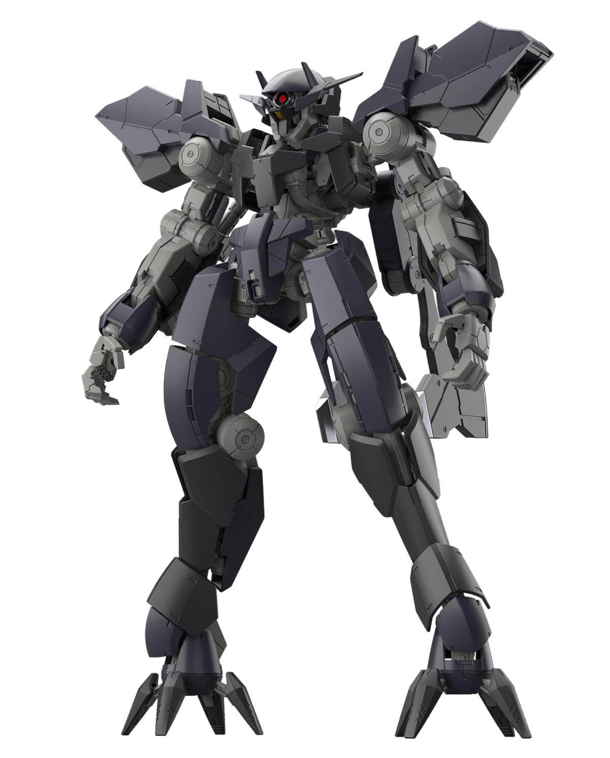 A dark gray and black mecha robot figure with red eyes, standing in a dynamic pose against a solid white background.