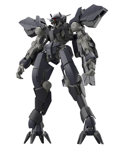 A dark gray and black mecha robot figure with red eyes, standing in a dynamic pose against a solid white background.