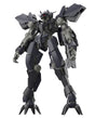 A dark gray and black mecha robot figure with red eyes, standing in a dynamic pose against a solid white background.