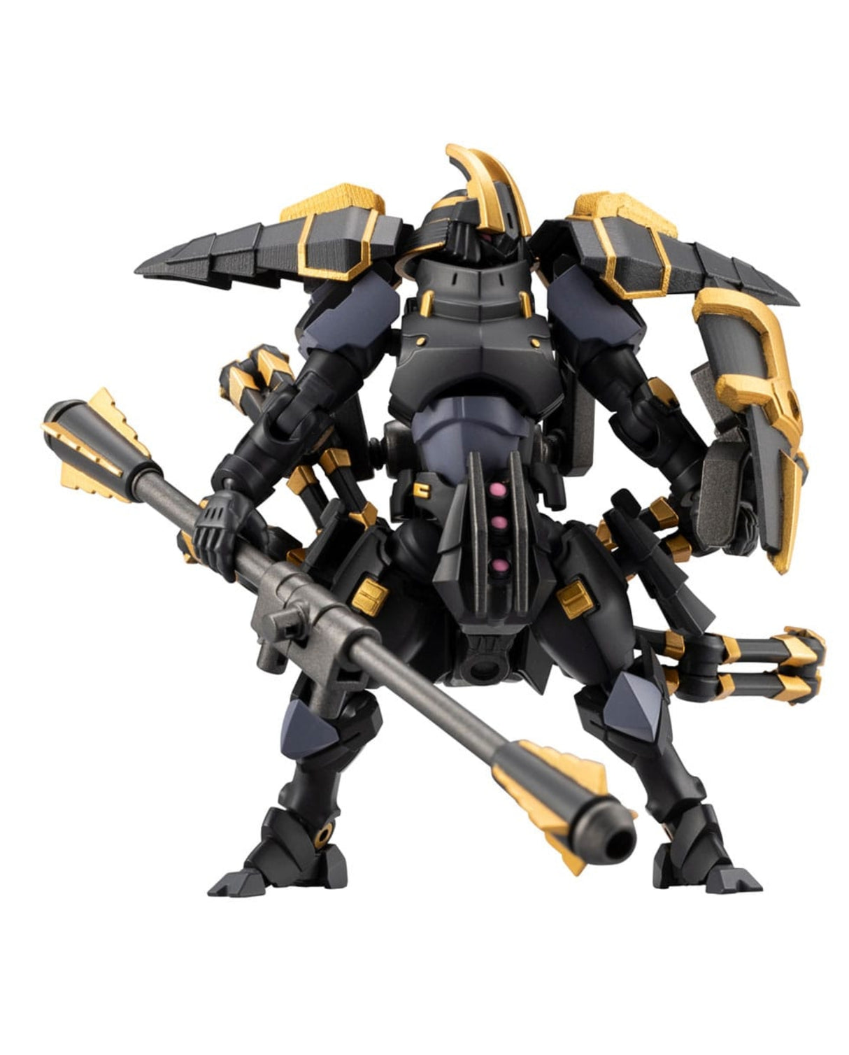 A detailed action figure or model kit of a black and gold mecha robot holding a long gun, isolated on a solid white background.