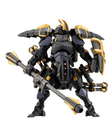 A detailed action figure or model kit of a black and gold mecha robot holding a long gun, isolated on a solid white background.