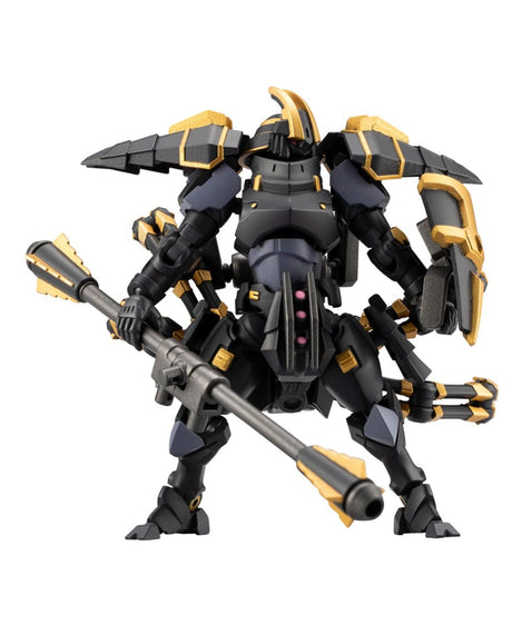 A detailed action figure or model kit of a black and gold mecha robot holding a long gun, isolated on a solid white background.