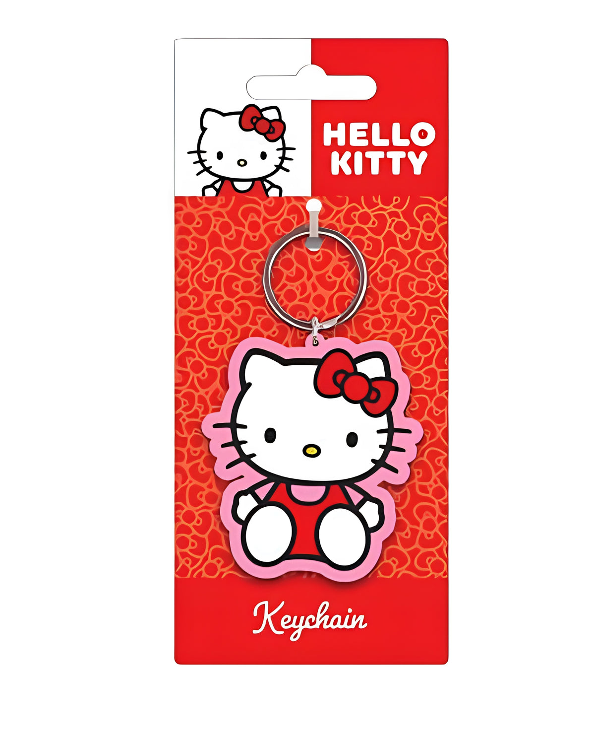 White Hello Kitty Keyring with pink border on a red hanger card