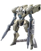 A detailed model of a mecha robot in a standing pose, featuring a beige and gray color scheme with dual bladed weapons and a transparent support stand, isolated on a white background.