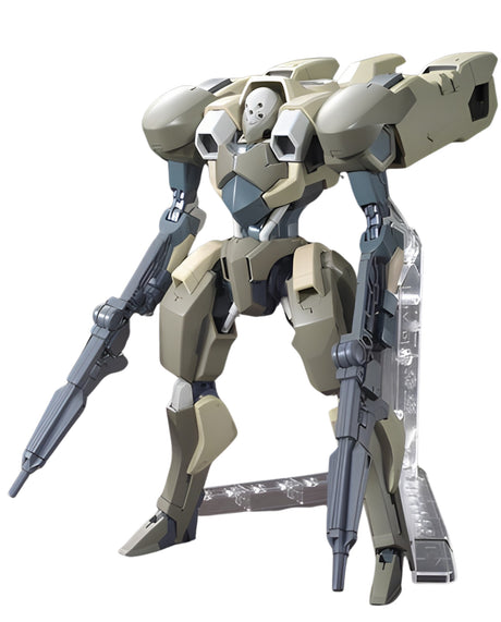 A detailed model of a mecha robot in a standing pose, featuring a beige and gray color scheme with dual bladed weapons and a transparent support stand, isolated on a white background.