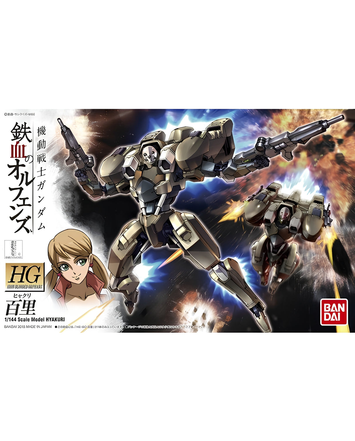 Bandai HG 1/144 Scale Model Gunpla Hayabusa, featuring a detailed mecha robot design with Japanese text and a character illustration on a white background.