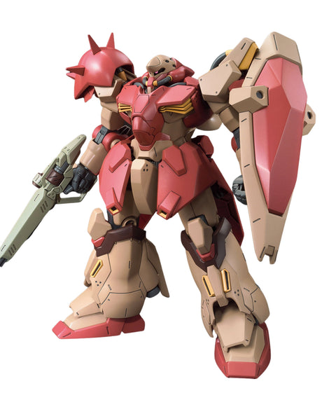 A detailed Gundam model figure in a dynamic pose, featuring a beige and red body with a large red shield on the back and a light green sword in the right hand, set against a plain white background.