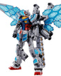 A detailed Gundam-style mecha toy figure in a dynamic pose, featuring a gray body with red, blue, and yellow accents, translucent light blue wing-like panels, and red feet, shown on a plain white background.