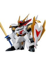 A white, gold, and red mecha robot action figure holding a gold sword and a red-and-white shield, shown on a plain white background.