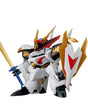 A white, gold, and red mecha robot action figure holding a gold sword and a red-and-white shield, shown on a plain white background.