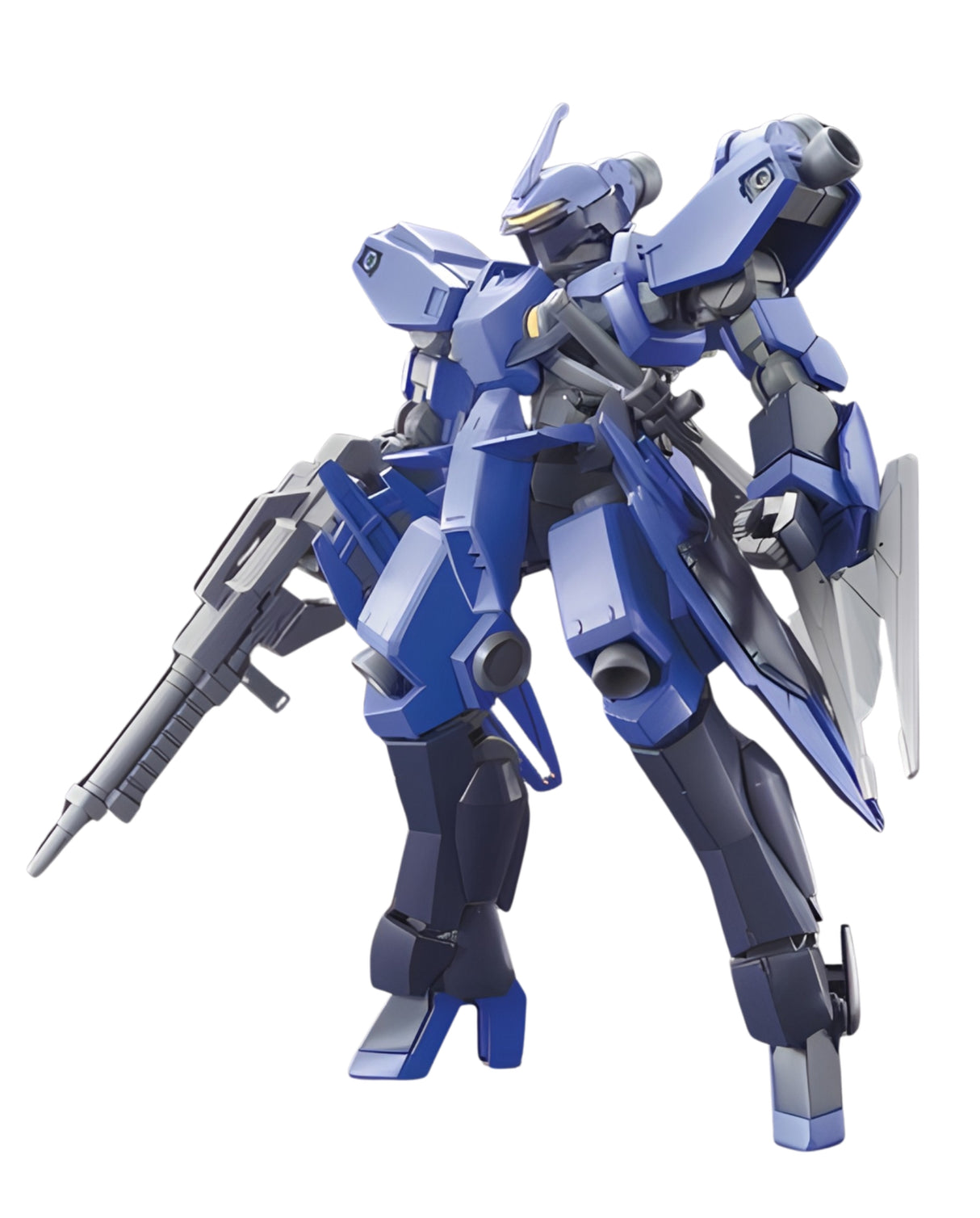 A blue and dark gray mecha robot figure holding a rifle and shield, isolated on a white background.