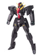 A black mecha robot action figure with red and yellow details, posed dynamically against a solid white background.