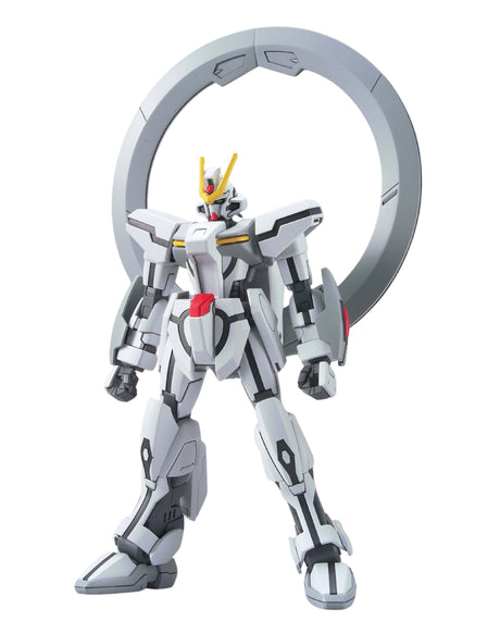 A white and gray mecha robot figure with black detailing, yellow antenna, and a red chest accent, posed in front of a large gray circular ring on a plain white background.