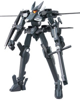 A dark gray mecha robot figure with black and gray panels, white accents, and glowing orange eyes, holding long guns, isolated on a white background.