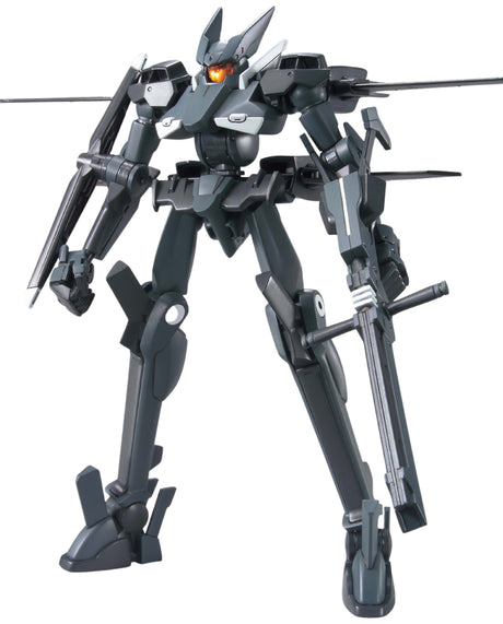 A dark gray mecha robot figure with black and gray panels, white accents, and glowing orange eyes, holding long guns, isolated on a white background.
