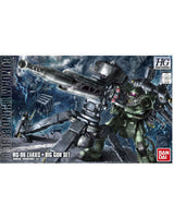 Bandai HG Gundam Thunderbolt MS-09 ZakuD + Big Gun Set toy packaging, featuring a detailed illustration of the green and gray mecha with a large gun on a dark stormy background.